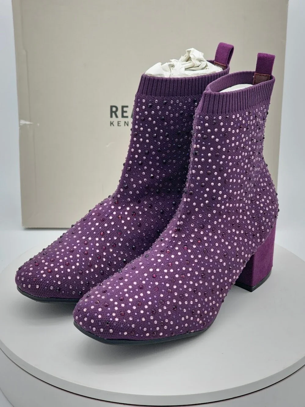 Reaction Kenneth Cole Rida Stretch Jewel Womens Purple Rhinestone Boots Size 7 W
